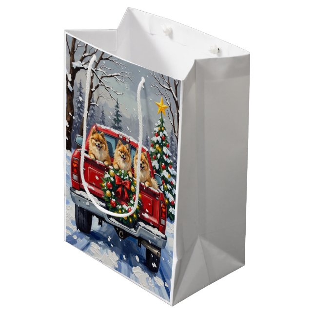 Pomeranian Christmas Red Truck Holiday Gift Medium Gift Bag (Front Angled)