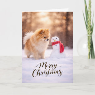 Pomeranian Christmas Snowman Holiday Card