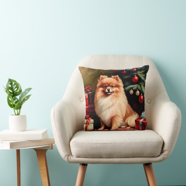 Pomeranian Christmas Throw Pillow (Chair)