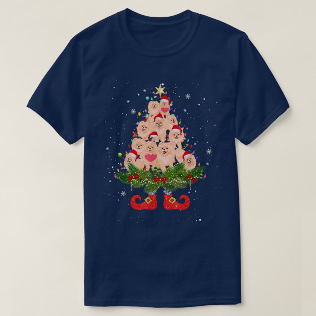 Pomeranian Christmas Tree Lights Funny Santa Hat D T-Shirt (Design Front)