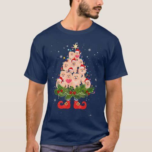 Pomeranian Christmas Tree Lights Funny Santa Hat D T_Shirt