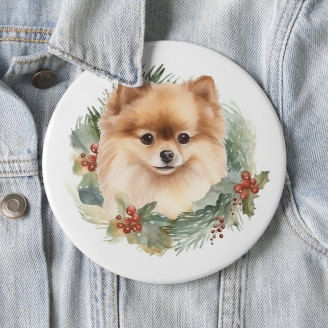 Pomeranian Christmas Wreath Festive Pup Button (In Situ)