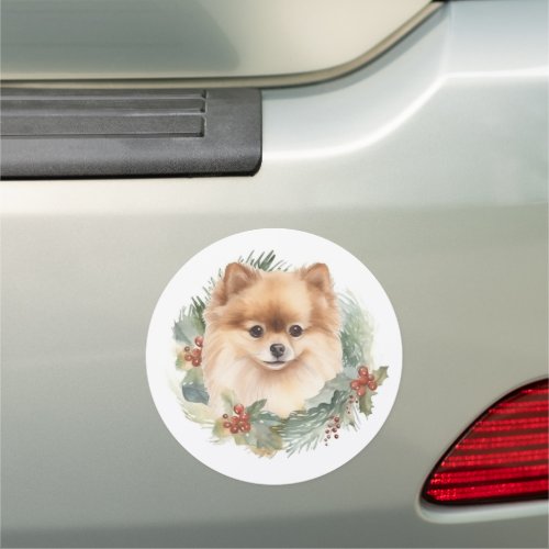 Pomeranian Christmas Wreath Festive Pup Car Magnet