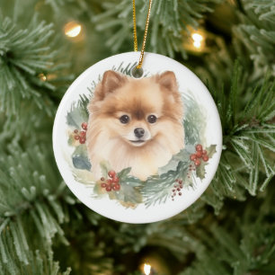 Pomeranian Christmas Wreath Festive Pup Ceramic Ornament