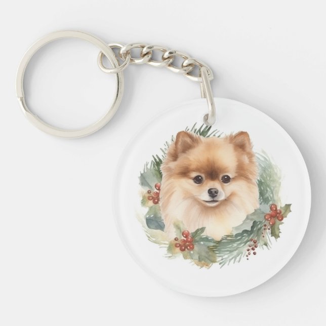 Pomeranian Christmas Wreath Festive Pup Keychain (Front)