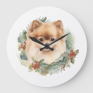 Pomeranian Christmas Wreath Festive Pup Large Clock