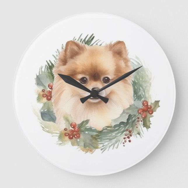 Pomeranian Christmas Wreath Festive Pup Large Clock (Front)