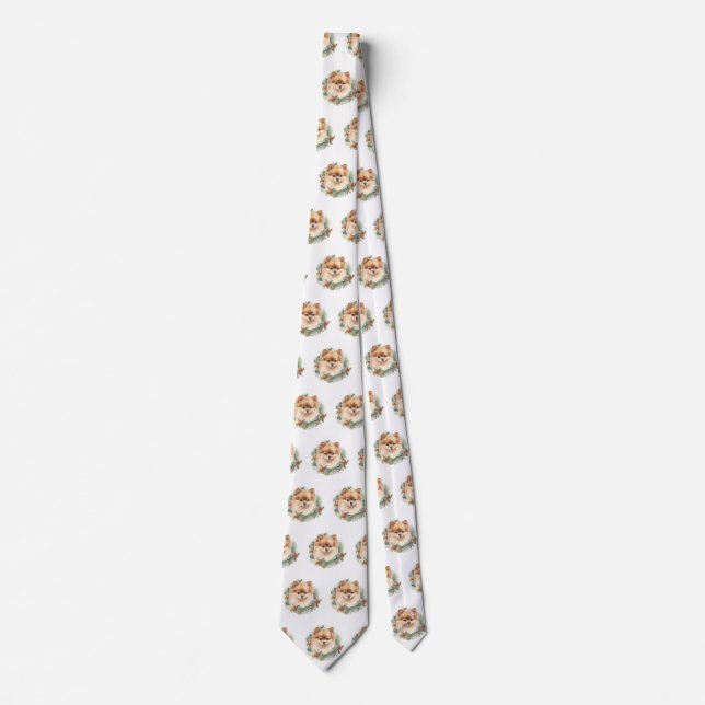 Pomeranian Christmas Wreath Festive Pup Neck Tie (Front)