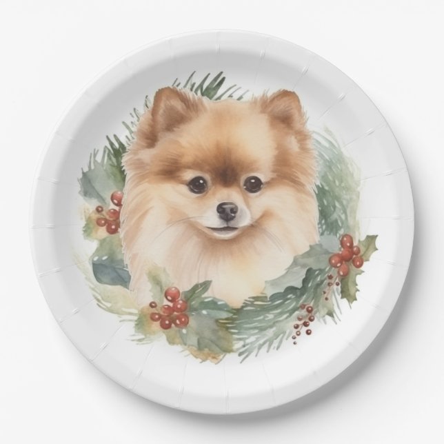 Pomeranian Christmas Wreath Festive Pup Paper Plates (Front)