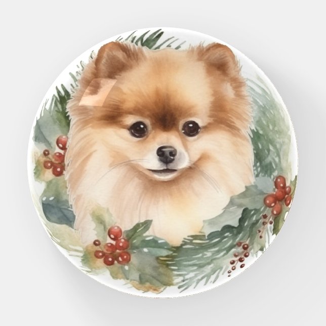 Pomeranian Christmas Wreath Festive Pup Paperweight (Front)