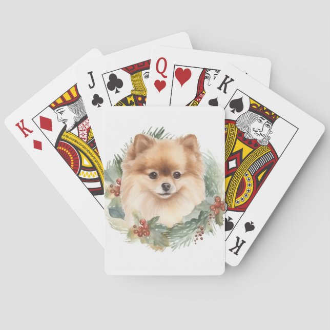 Pomeranian Christmas Wreath Festive Pup Poker Cards (Back)