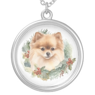 Pomeranian Christmas Wreath Festive Pup Silver Plated Necklace