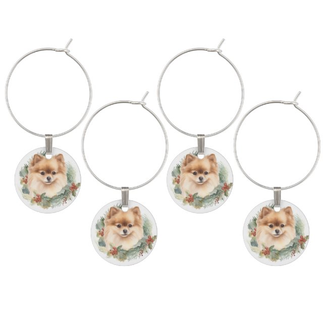 Pomeranian Christmas Wreath Festive Pup Wine Charm (Staggered)