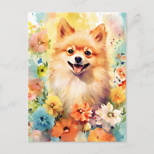 Pomeranian colorful watercolor artwork postcard (Front)