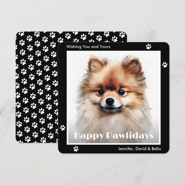 Pomeranian Dog Black Watercolor Christmas Holiday Card (Front/Back)