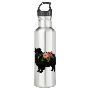 Pomeranian Dog Breed Boho Floral Silhouette Stainless Steel Water Bottle