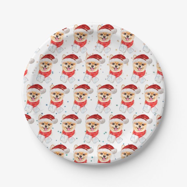 Pomeranian Dog Breed Christmas Stars Paper Plates (Front)