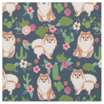Pomeranian Dog Cactus Floral Navy Blue Fabric by FriendlyPets at Zazzle