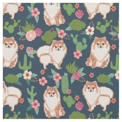 pomeranian dog cactus floral navy blue fabric