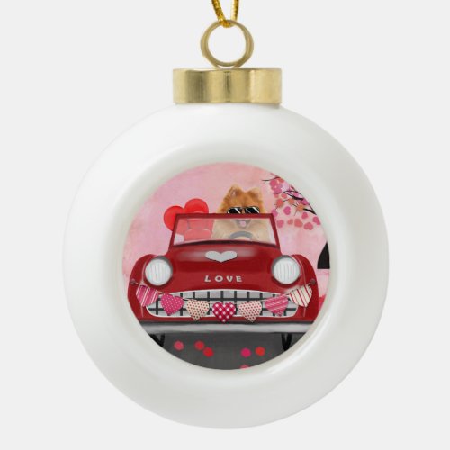 Pomeranian Dog Car with Hearts Valentines  Ceramic Ball Christmas Ornament