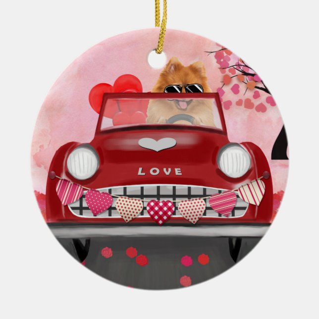Pomeranian Dog Car with Hearts Valentine's  Ceramic Ornament (Front)