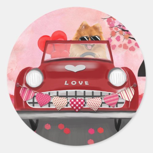 Pomeranian Dog Car with Hearts Valentines  Classic Round Sticker