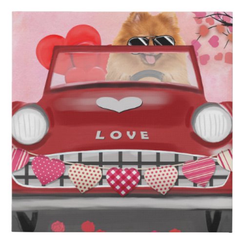 Pomeranian Dog Car with Hearts Valentines  Faux Canvas Print