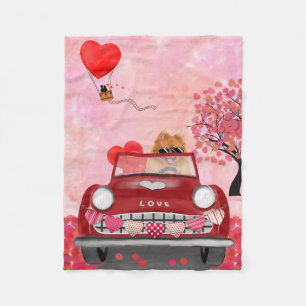 Pomeranian Dog Car with Hearts Valentine's Fleece Blanket