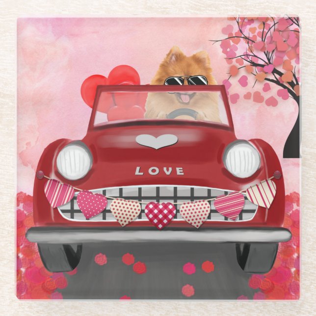Pomeranian Dog Car with Hearts Valentine's  Glass Coaster (Front)