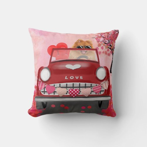 Pomeranian Dog Car with Hearts Valentines Throw Pillow