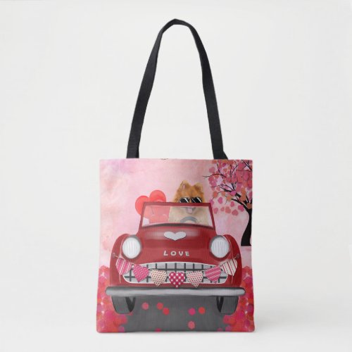 Pomeranian Dog Car with Hearts Valentines  Tote Bag