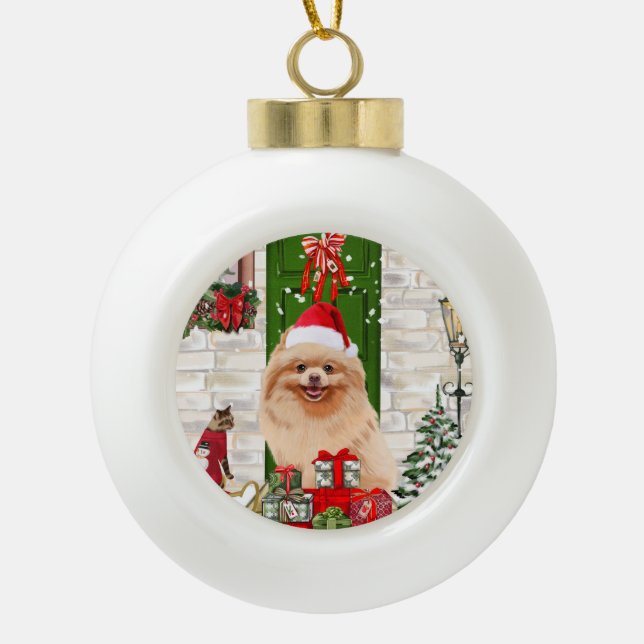 Pomeranian Dog Christmas   Ceramic Ball Christmas Ornament (Front)
