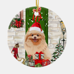 Pomeranian Dog Christmas   Ceramic Ornament
