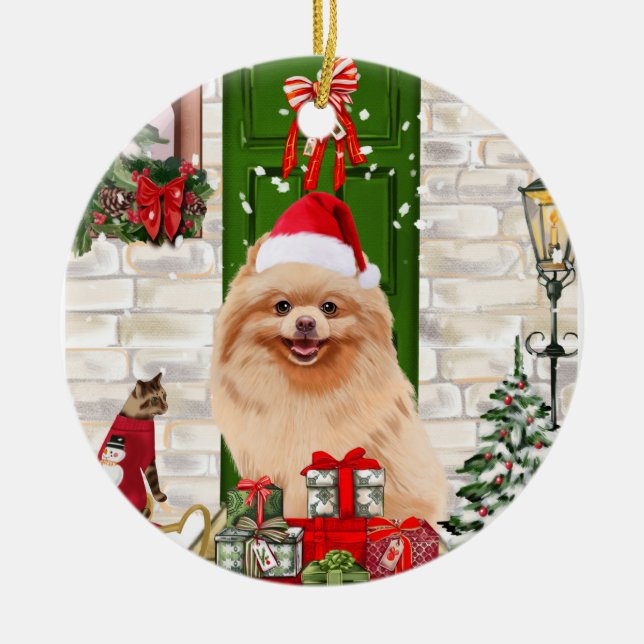 Pomeranian Dog Christmas   Ceramic Ornament (Front)