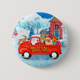 Pomeranian Dog Christmas Delivery Truck Snow Button