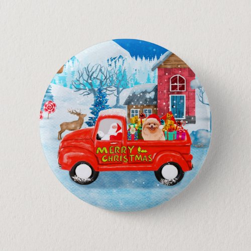 Pomeranian Dog Christmas Delivery Truck Snow Button