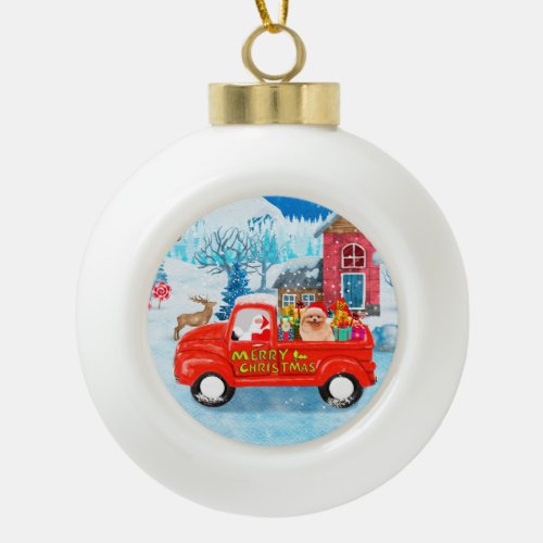 Pomeranian Dog Christmas Delivery Truck Snow Ceramic Ball Christmas Ornament