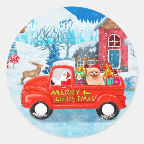 Pomeranian Dog Christmas Delivery Truck Snow Classic Round Sticker