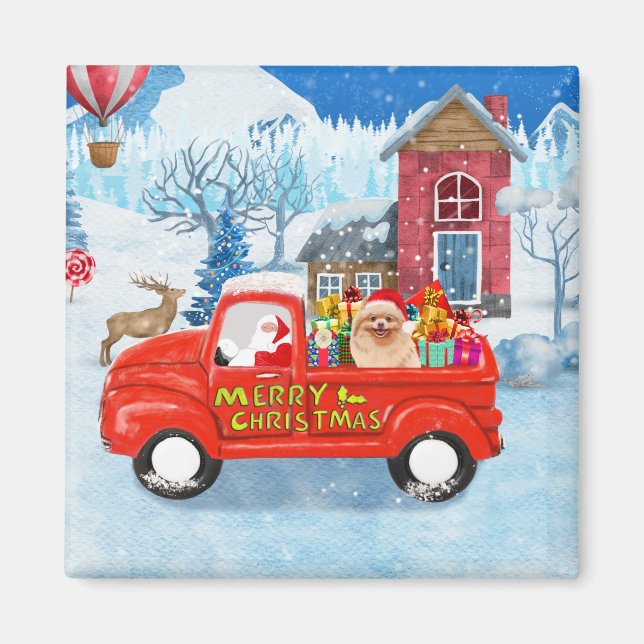 Pomeranian Dog Christmas Delivery Truck Snow Magnet (Front)