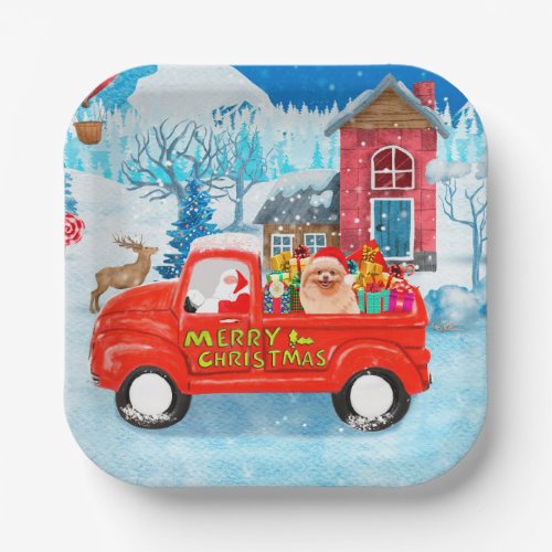 Pomeranian Dog Christmas Delivery Truck Snow Paper Plates