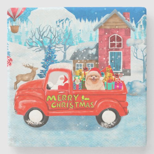 Pomeranian Dog Christmas Delivery Truck Snow Stone Coaster