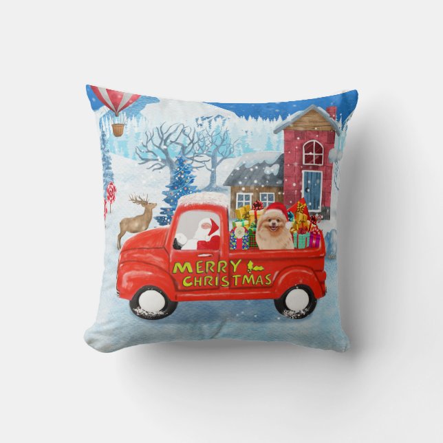 Pomeranian Dog Christmas Delivery Truck Snow  Throw Pillow (Front)