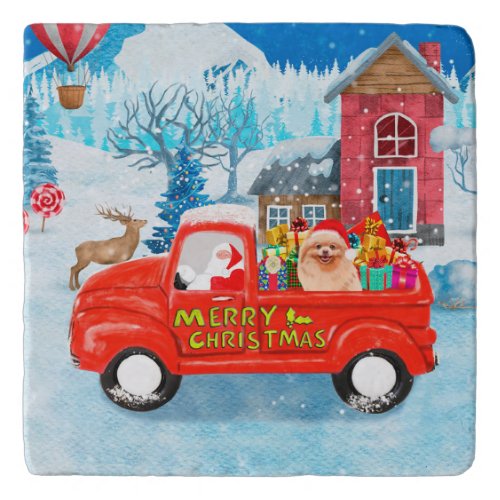 Pomeranian Dog Christmas Delivery Truck Snow Trivet