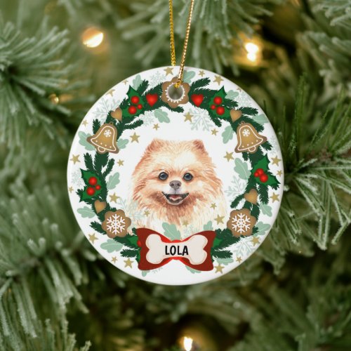 Pomeranian Dog Christmas Dog Cookie Wreath Ceramic Ornament