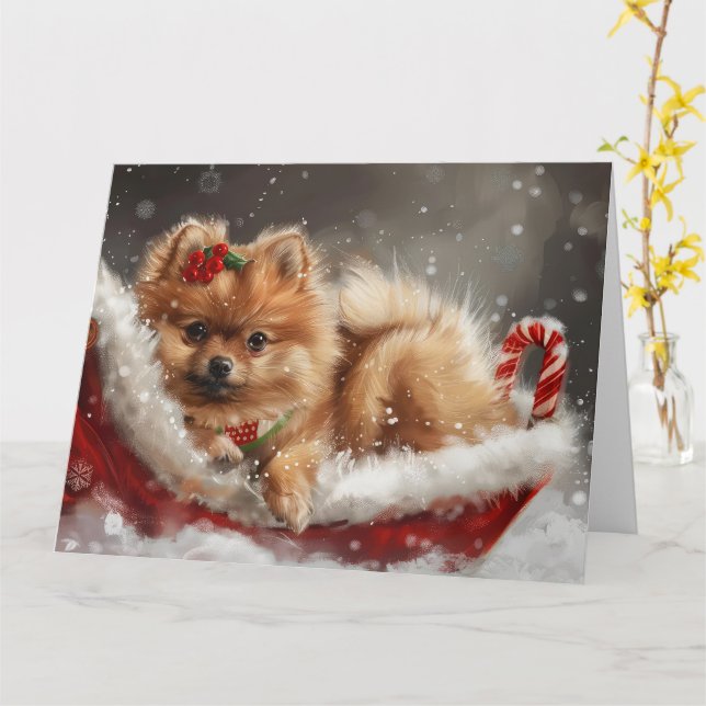 Pomeranian Dog Christmas Festive Card (Yellow Flower)