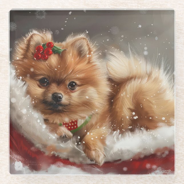 Pomeranian Dog Christmas Festive Glass Coaster (Front)