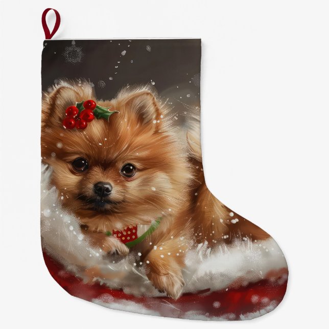 Pomeranian Dog Christmas Festive Large Christmas Stocking (Front)