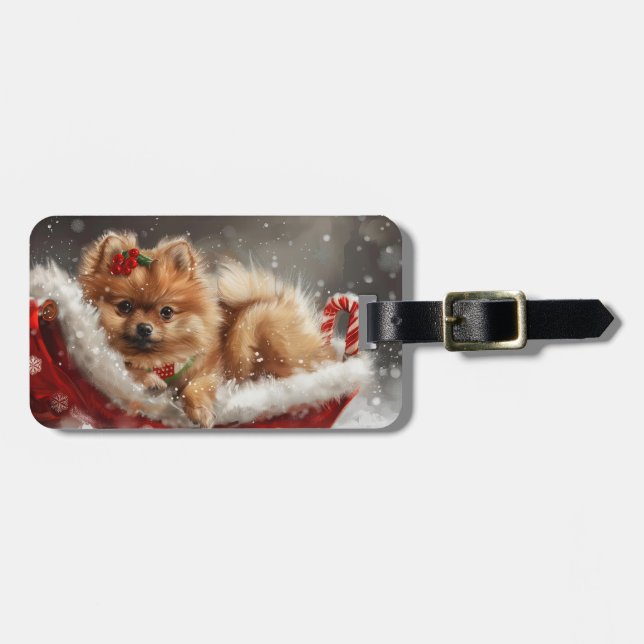 Pomeranian Dog Christmas Festive Luggage Tag (Front Horizontal)