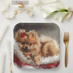 Pomeranian Dog Christmas Festive Paper Plates
