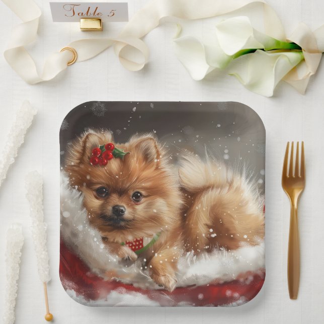 Pomeranian Dog Christmas Festive Paper Plates (Wedding)